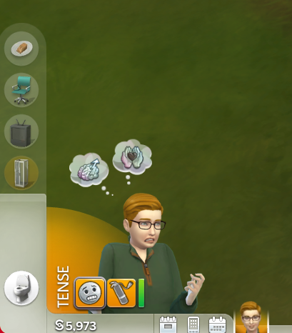 Closeup of the lower left side of the screen, where you can see my Sim is Tense. There is a vertical column to the left; current actions appear in a box at the bottom, while planned actions stack up above that in a semi-transparent seciont of the column. Here the current task icon is a toilet, and the schedule task icons are a shower, a TV, a chair, and a slice of fruitcake.