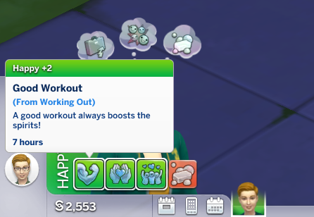 Closeup of the moodlet panel with the moodlet 'Good Workout' highlighted. It says 'A good workout always boosts the spirits!' This gives +2 Happy and will expire in 7 hours.