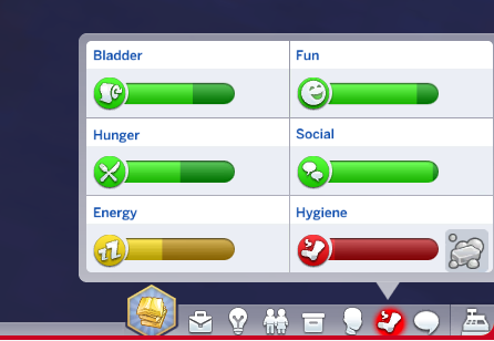 The needs panel, which has horizontal bars measuring how full/empty each need is. Currently Bladder, Hunger, Fun, and Social are mostly full and green, while Energy is about half full and yellow, and Hygiene is nearly empty and red with a little soap icon next to it indicating that my Sim is horribly stinky and needs a bath.
