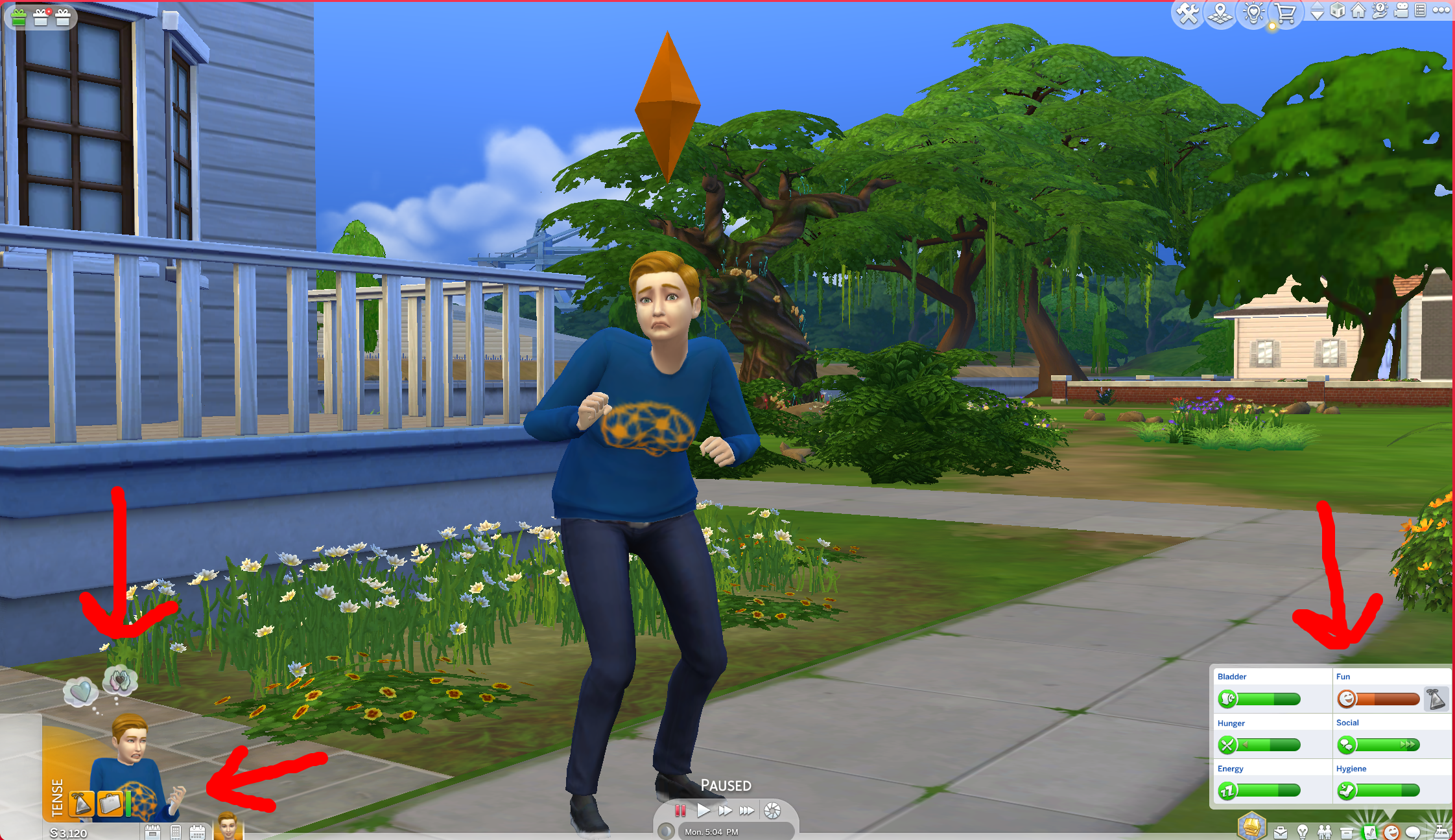 An obviously unhappy Sim stands in the center of the screen, in a sort of contorted, cringing pose. There are arrows pointing to the lower left, where a small image of the Sim appears along with tiny moodlet squares and whim thought bubbles. The Sim's displayed emotion is Tense. Another arrow points to the needs panel in the lower right, which shows that most of their needs are fine but their Fun levels are concerningly low.
