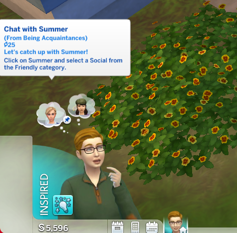 Closeup of the lower left where thought bubbles (whims) appear above the Sim's head. The currently highlighted one has a small picture of a Sim named Summer Holiday. It says 'Chat with Summer (from being Acquaintances). Let's catch up with Summer! Click on Summer and select a Social from the Friendly category.'